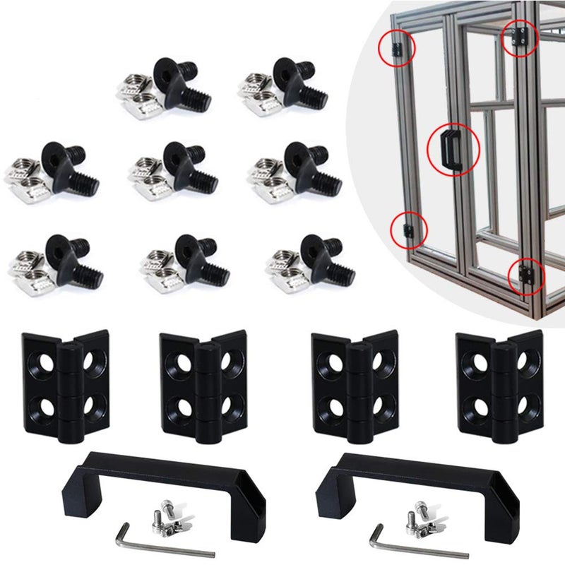 Boeray 2 Sets 2020 Aluminum Extrusion Profile Slot 6mm Door Handle and Frame Hinges Install Kit-4pcs Black Zinc Alloy Hinges, 2pcs Aluminum Handles, 20pcs T-Nuts, 20pcs Hex Screws, 2pcs Wrench - Image 1